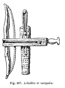 Roman hunting crossbow depicted with a quiver. Drawing of a Gallo-Roman relief from the 1st-2nd century AD. Image credit: Dictionnaire des antiquites grecques et romaines: Arcuballista, Manuballista